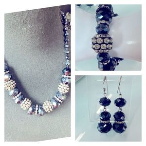 3 piece set Navy Blue Beaded necklace bracelet and‎ earrings.